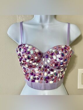 Rhinestone Bustier Crop Top Purple Lavender Crystal Embellished Corset 36B Party